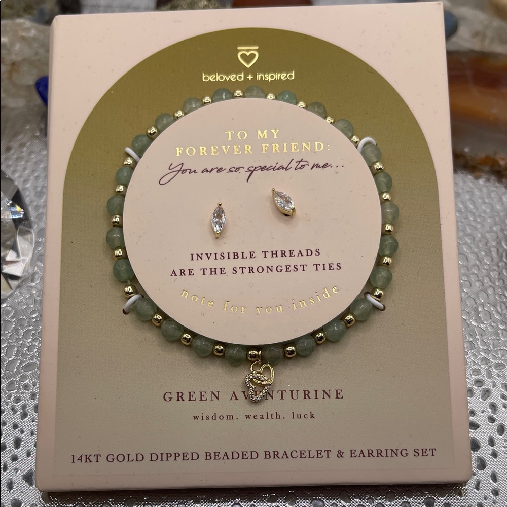 2.26.26-3 14k Gold Dipped Green Aventurine Bracelet & Earring Set